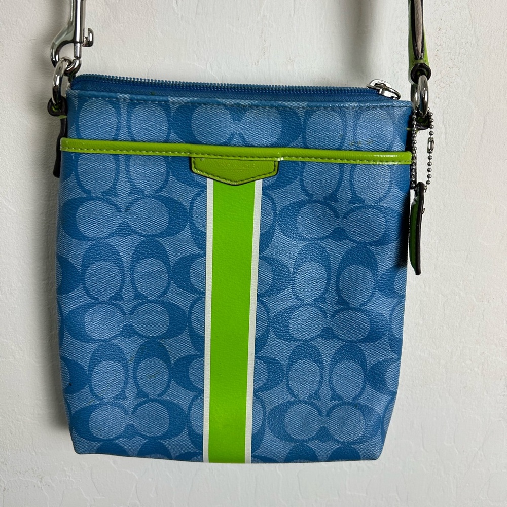 Coach Blue & Lime Green Crossbody Bag Signature Stripe Mini Purse Vibrant